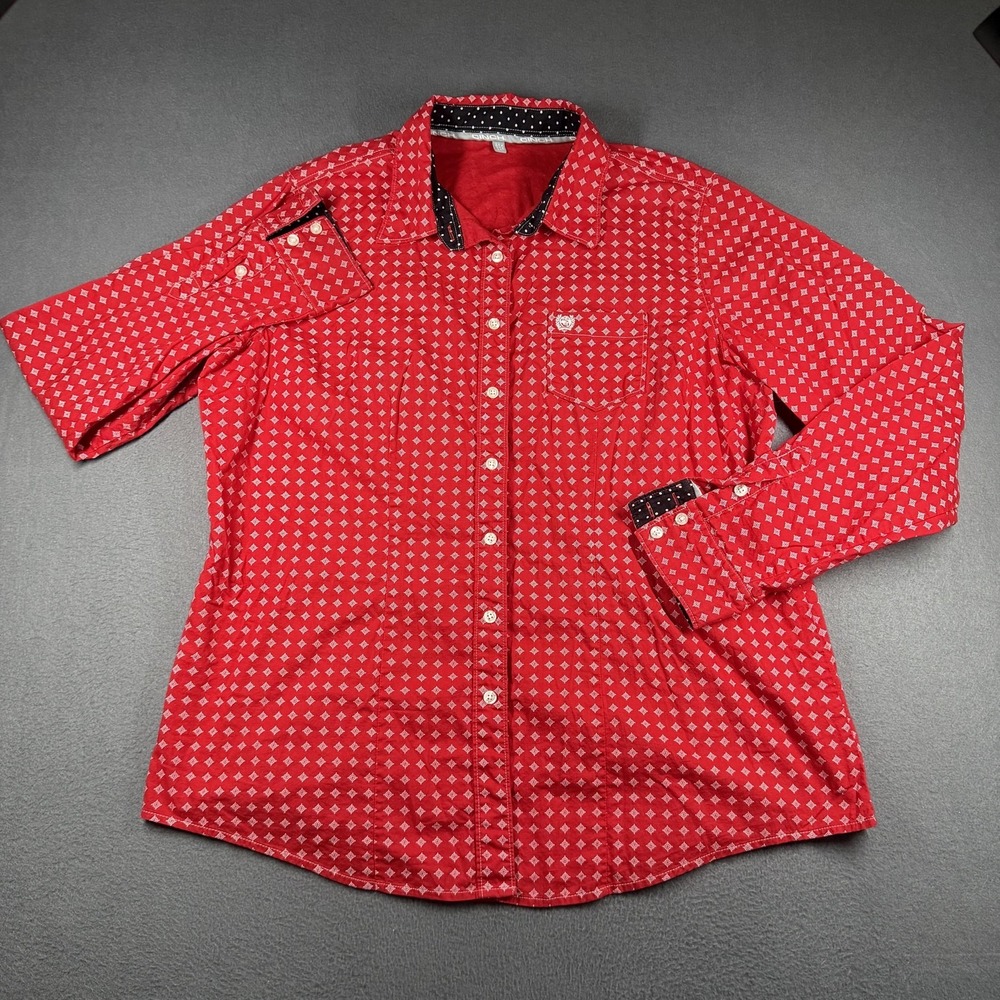 Cinch Shirt Womens XXL Red Geometric Print Button Up Long Sleeve Western Top
